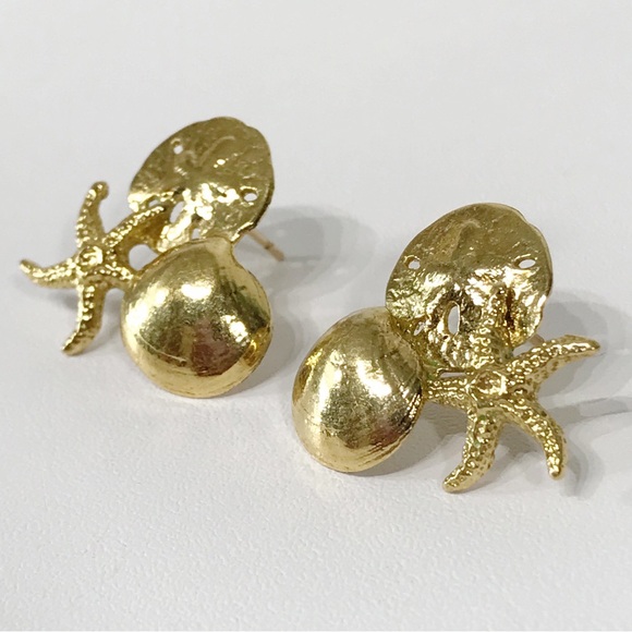 14K Gold Filled Sand Dollar Starfish Clam Shell Cluster Post Stud Earring Signed - Picture 4 of 15